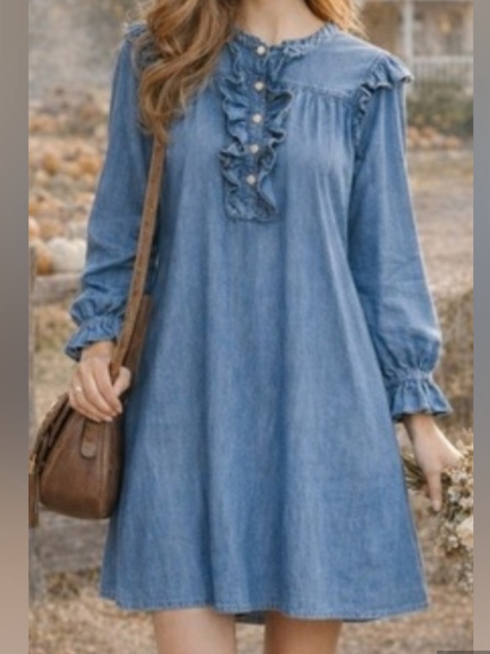 Blue Ruffle Front Long-Sleeve Dress - Picture 7 of 7